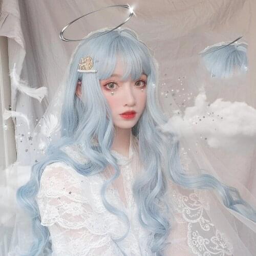 Lolita 70CM Long Curly Blue Ombre Heat Resistant Bangs Cute Party Synthetic Cosplay Wig + wig cap
