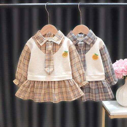 Baby Girl Dress Kids Lattice Splicing Dress Children Fake Two Piece Toddler 2021 Spring Autumn Class Clothing 0 1 2 3 5 Years
