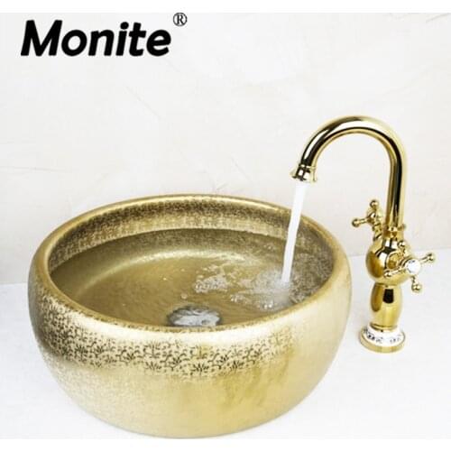 Polished Golden Kitchen Swivel Tap Bathroom Sink Washbasin Ceramice Lavatory Bath Sink Set Torneira Tap Mixer Faucet