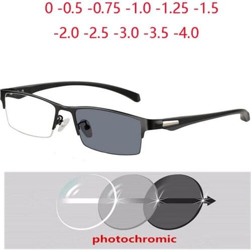 Half Rim Chameleon Myopia Glasses Men Vintage Semi-Rimless Square Photochromic Prescription Spectacle Male -0.5 -0.75 To -6.0
