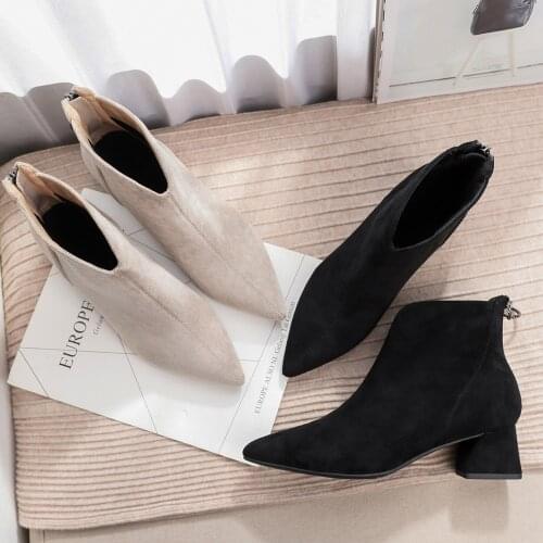 Pointed toe V open ankle boots women hoof heels back zipper flock chelsea boots women cozy plush winter bottes femme 2020 530
