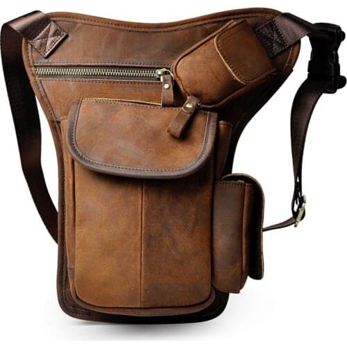 Crazy Horse Leather Men Fashion Casual Messenger One Shoulder Bag Design Travel Fanny Waist Belt Pack Drop Leg Bag 3106-d