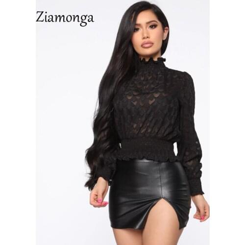 Ziamonga 2020 Long Lantern Sleeve Patchwork Mesh Sexy Tops Autumn Spring Women T Shirt Fashion Party Elegant Streetwear T-Shirts