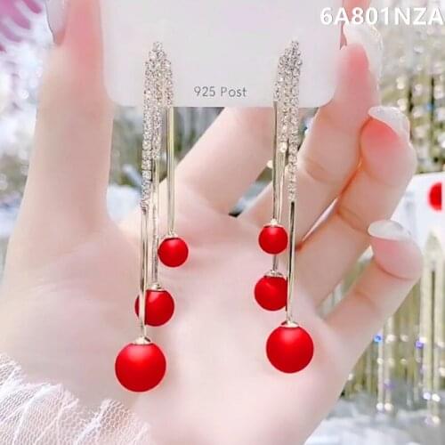 2020 New Trend Korean Style Red Pearl Tassel Earrings Long Temperament Luxury Crystal Women Earrings Jewelry Bridal Christmas