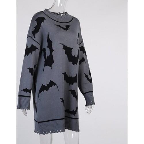 Goth Dark Bat Graphic Printed Gothic Oversize Sweaters Long Sleeve Loose Dark Grey Women Pullovers Ruched Hem Fashion Streetwear