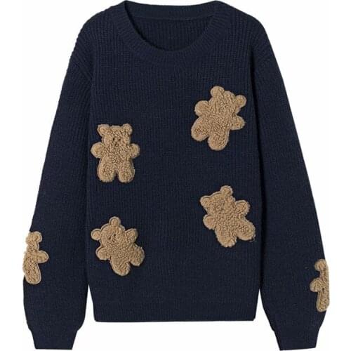 Autumn Winter Women Cartoon Bear Embroidery Loose Knitted White Pullover Ladies Casual Long Sleeve Oneck Cute Warm Sweater