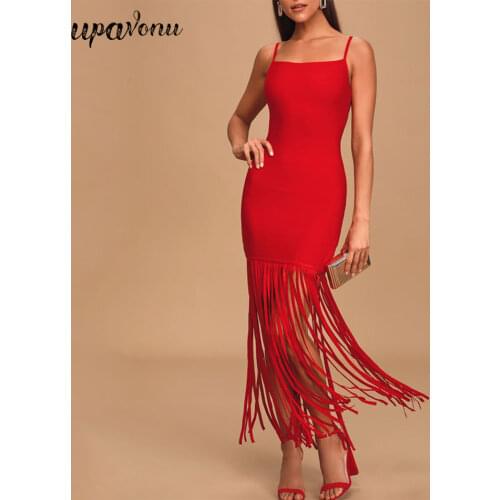 Free Shipping 2020 New Womens Fringed Bandage Dresses Red Sexy Spaghetti Strap Sleeveless Bodycon Dresses Club Party Vestidos