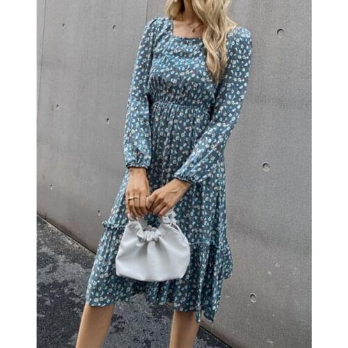 2021 New Pleated Dress Fashion Polka Dot Printing Ladies Long Sleeve Round Neck Loose Dresses Casual Office Women Skirt