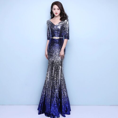 Sequins Half Sleeves Evening Dress V-Neck Fashion Pleat Floor-length Empire Mermaid Plus size Women Formal Party Dresses C1323
