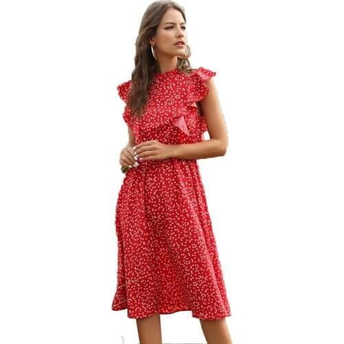 NYFS 2021 New Summer Chiffon Dress Vintage Woman Dress Silm Red Polka dot Vestidos Elbise Robe