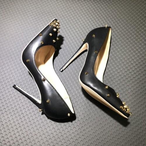 2019 Fashion free shipping white black leather spikes Poined Toe Stiletto high heel shoe pump HIGH-HEELED SHOES dress shoes 12cm
