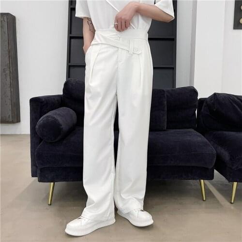 2021 Autumn England style Asymmetric diagonal hanging belt design suit pants men casual loose suit Pants men trouser,M-XXL