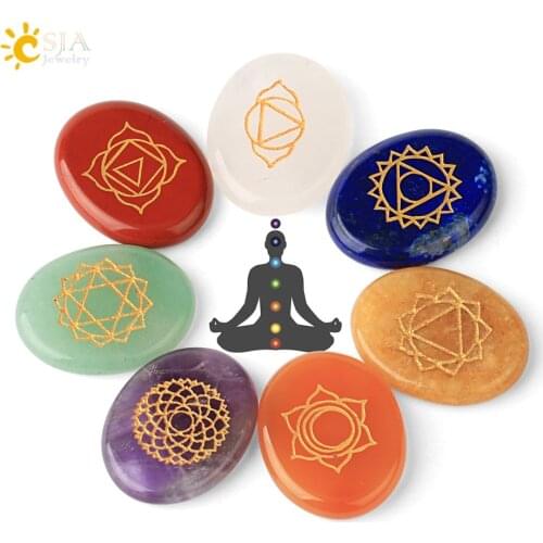 CSJA Healing 7 Chakra Symbol Engraved Set 100% Natural Gems Stones Crystal Quartz Feng Shui Decor Reiki Spiritual Balancing G765
