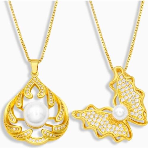 FLOLA Gold Plated Pearl Butterfly Necklace For Women CZ Cubic Zirconia Waterdrop Pendant Necklace Luxury Jewelry Gifts nkev06