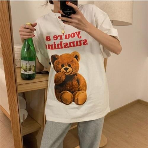 Vintage Bear Tee Shirt Femme Tshirt Women Korean 2021 Summer New Style Clothes Cotton Loose Cute Tops for Women E Girl T Shirt