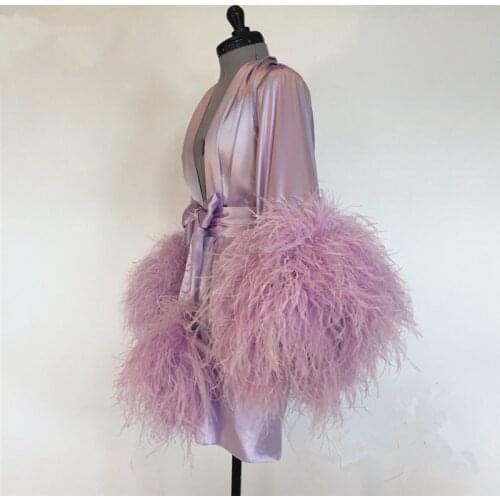 Short Bathrobe for Women Pink Feather Knee Length Lingerie Nightgown Pajamas Sleepwear Womens Luxury Gowns Housecoat Nightwear