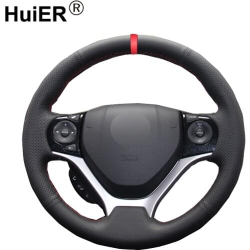 HuiER Pure Hand Sewing Car Steering Wheel Cover Wear-resistant Red Marker For Honda Civic Civic 9 2012-2015 Auto Car Styling