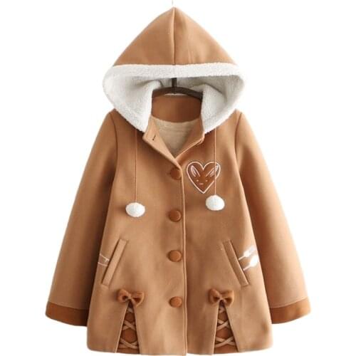 Harajuku Kawaii Sweet Wollen Winter Jacket Japanese Heart Embroidery Mori Girls Hooded Coat Bow Sweet Teens Warm Outwear Jacket