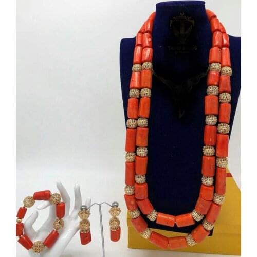 26inches Double Layeres Original Coral Nigerian Wedding Beads Jewelry Set Women Coral Costume Necklace Set CNR892