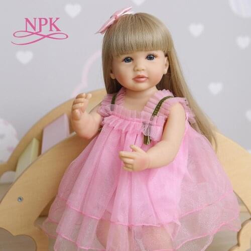 NPK 55CM reborn soft full body silicone sweet face baby doll toddler pink girl original lifelike bebe doll waterproof bath toy