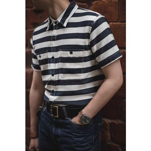 Firmranch 2021 New Mens Short Sleeve Striped Shirt American Vintage Shirt Retro Classic Prisoners Work Shirt Motorcycle
