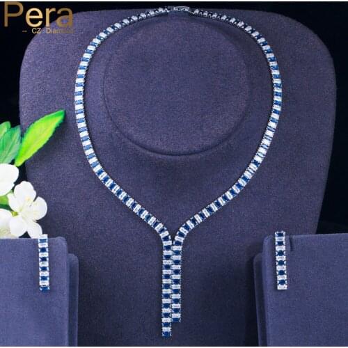 Pera Brand Design Royal Blue Crystal Silver Color Long Pendant Baguette CZ Necklace Earrings for Women Costume Jewelry Sets J433