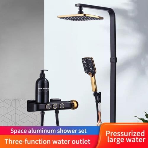 Space Aluminum Shower Set Bathroom Black And Gold Faucet Wall Mount Rainfall Shower System Shower Head