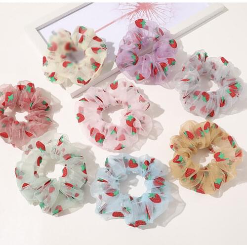 Sweet Printed Strawberry Mesh Scrunchies Women Romantic Pink Blue Hair Rope Transparent Tulle Organza Hair Ties Hair Accessories