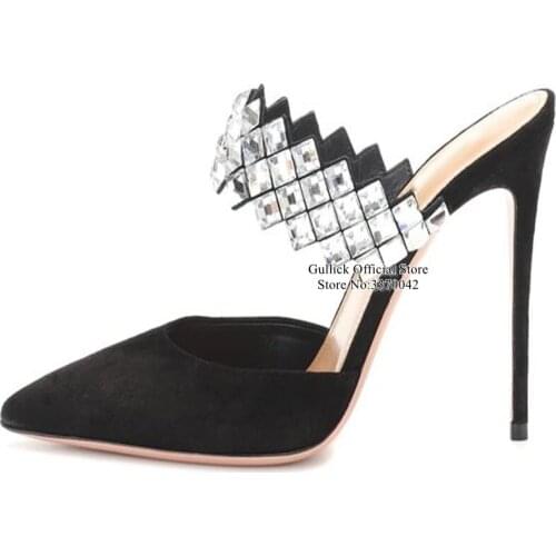 Sexy Black Suede Rhinestone Stiletto Heel Mule Pointed Toe Bling Bling Crystal Embellished High Heel Mules Cut-out Dress Shoes