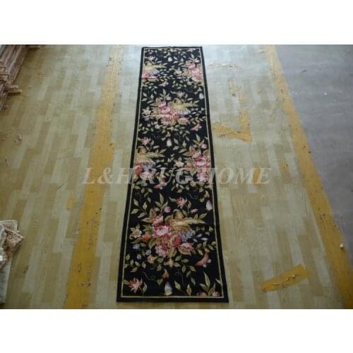 Free shipping 2.5'x12' Runner Handmade Floral English Garden Blue Roses Wool Needlepoint Rug