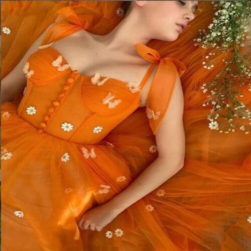 Orange Tulle A Line Evening Dress 3D Flowers Straps Tied Bow Shoulder Buttons Front robes de cocktail Ankle Length prom dresses