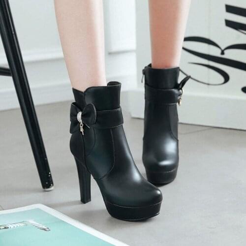 Big Size Europeans and Americans with round head and high heel side zipper bow waterproof platform boots
