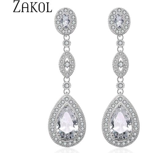 ZAKOL Luxury Water Drop Pear AAA Cubic Zirconia Long Dangles Earrings for Elegant Women Bridal Wedding Jewelry Dress FSEP2167