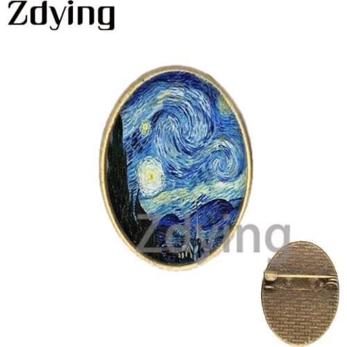 Zdying 18*25mm Van Gogh Oval Shape Pins Glass Cabochon Art Oil Painting Brooches Badge Jewelry Gift for Friends Family VG32