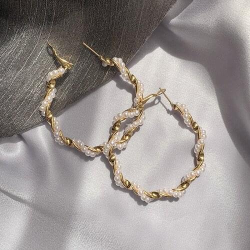 Pearl Hoop Earrings For Women Girls Unique Twisted Big Earrings Circle Earring Brinco Statement Fashion Jewelry