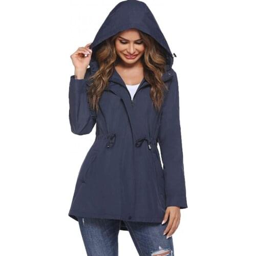 2021 Women Autumn Winter Solid Color Waist Tight Windbreaker Zip Hooded Coat Jacket Windproof jacket female Hooded Outdoor Coat