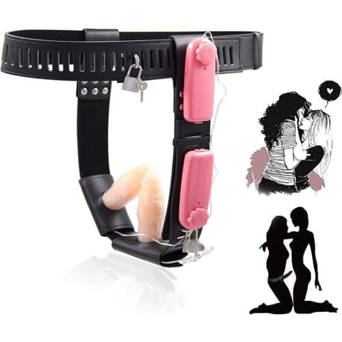 Womens Chastity Pants Thong Harness PU Leather Female Chastity Belt Underwear Panties With Double Anal Butt Plug Dildo Sex Toys