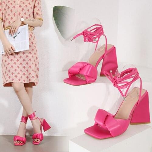 Roman Fashion Open-Toed Square Toe 11cm Ladies Temperament High Heel Sandals Summer Hot Sale Lace-Up Large Size 35-42