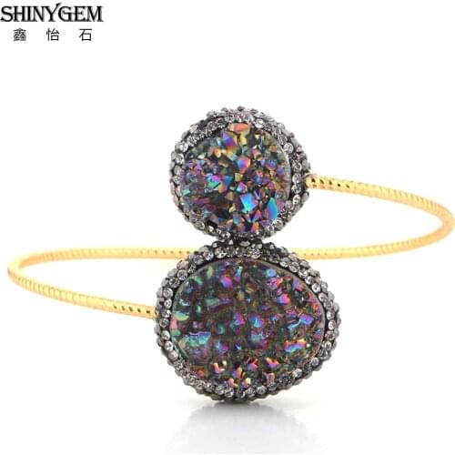 ShinyGem Asymmetric Natural Crystal Druzy Bracelet Adjustable Open Gold Plating Thread Cuff Geode Gem Stone Bangles For Women
