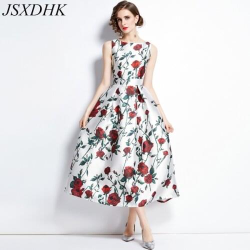 Runway Fashion Rose Flower Tank Dress Elegant Women Sleeveless Floral Print O Neck High Slim Waist Ball Gown Long Dress Vestidos