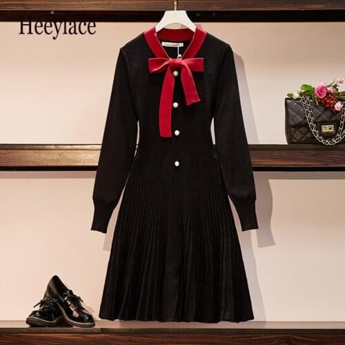 Plus size women winter knitted sweater dress korean bow collar long sleeve pleated A-line dresses for women elegant vestidos