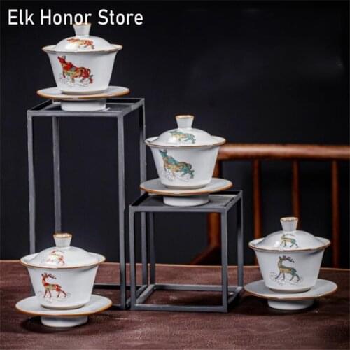 160ml RU Kiln Fambe Porcelain Elk Bullish Gaiwan Ceramic Flower Tea Bowl With Saucer Lid Kit Master Tea Tureen Drinkware Gift