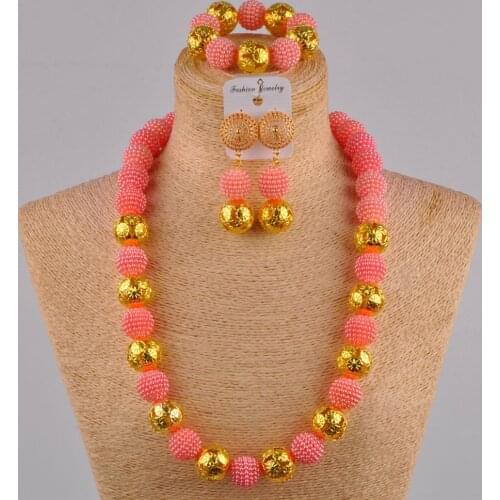 24 inches peach simulated pearl jewelry set nigerian necklace african wedding beads FZZ34