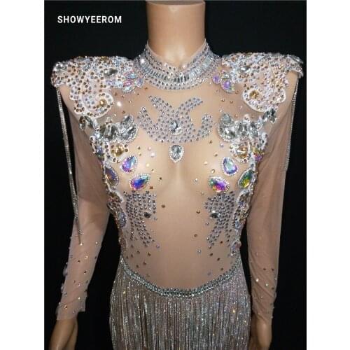 Shining Big Crystals Mesh Sexy Bodysuit Sparkly Rhinestones Chains Fringes Outfit Nightclub Party Wear See Through Costume