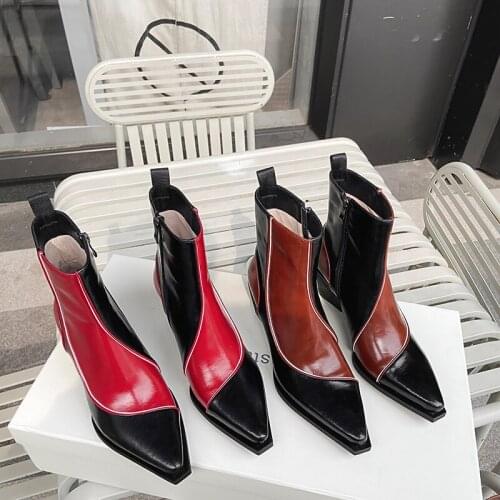 European and American cowhide Pointed Toe thick heel red stitching low side zipper thin patent leather womens boots plus size42