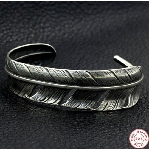 Brand Hot Sale Copper inlaid feather fashion Bangles 100% 925 sterling silver colour bracelet bangle for women men fine jewelry