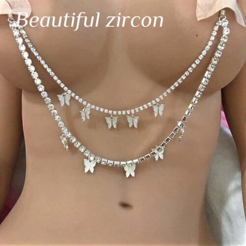 Fashion women sexy Butterfly Pendant nipple chain jewelry non penetrating elastic clip all Rhinestone shining crystal body chain