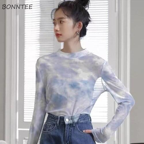 Tie-dye T-shirts Women O-neck Long Sleeve Sunscreen Streetwear Korean Style Cool All-match Chic Translucent Basic Tops Female