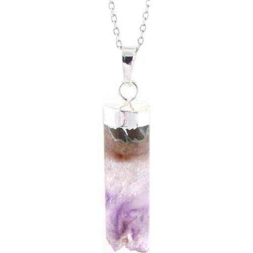 KFT Natural Geode Druzy Amethysts Stone Pendant Healing Crystal Quartz Reiki Citrine Cylinder Stone Pendant Chain Necklace