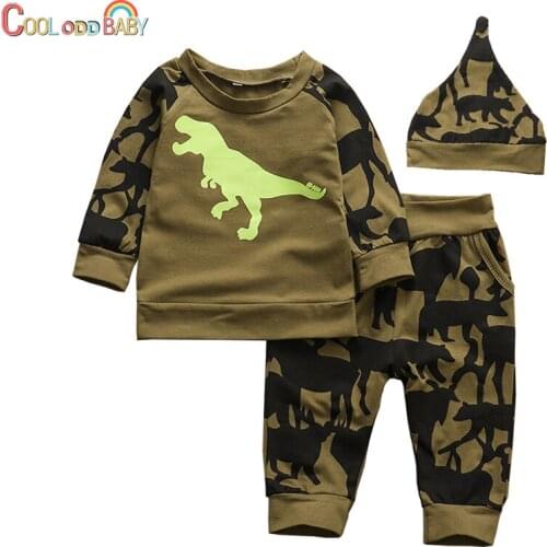 3pcs Newborn Baby Boy Clothes Set Cartoon Dinosaur Pattern Long Sleeve Tops Casual Pants Hat Toddler Infant Clothing Girl Outfit